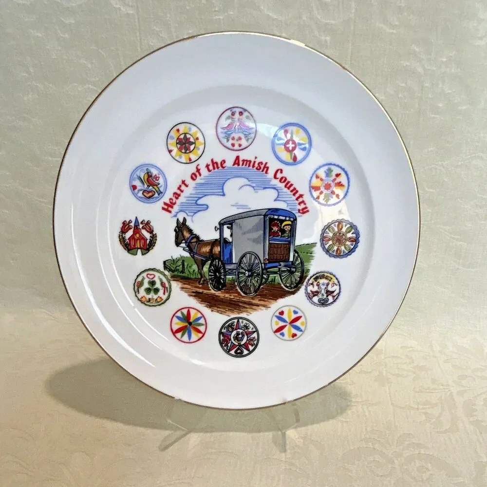 Heart of the Amish Country Decorative Plate Gold Rim Hex Signs Horse Buggy Japan